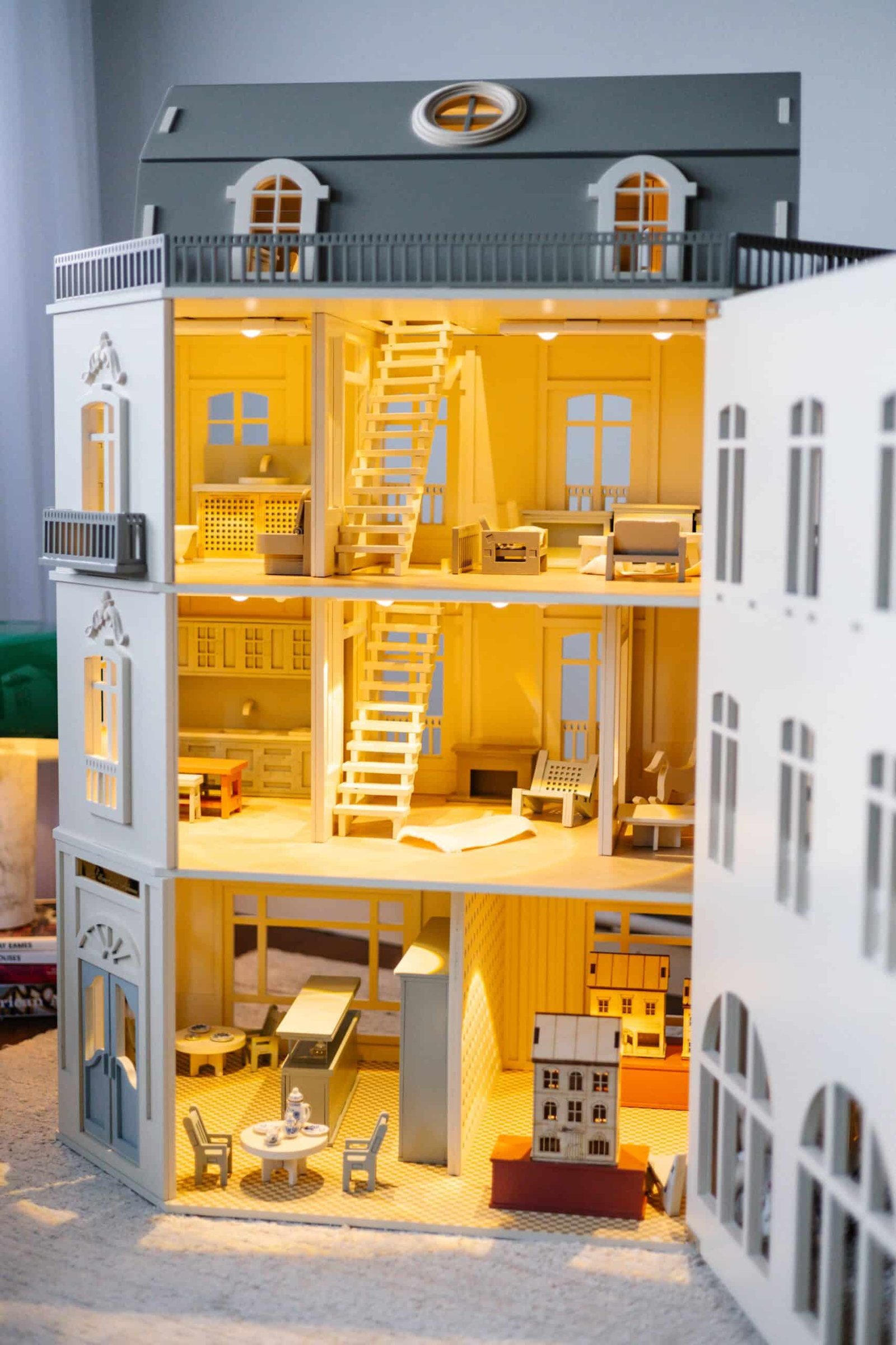 Paris Dollhouse – Four-Story Handcrafted Miniature handcrafted four-story Paris Dollhouse featuring French architectural details
