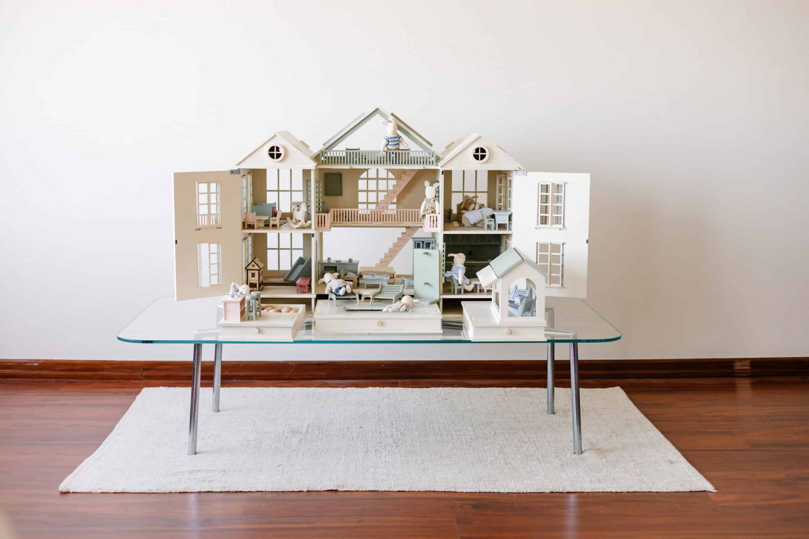Luxury Wooden Dollhouse with Handcrafted Miniatures – Little Forest Animals Handcrafted wooden dollhouse with miniature furniture and details, displayed in a minimal setting.