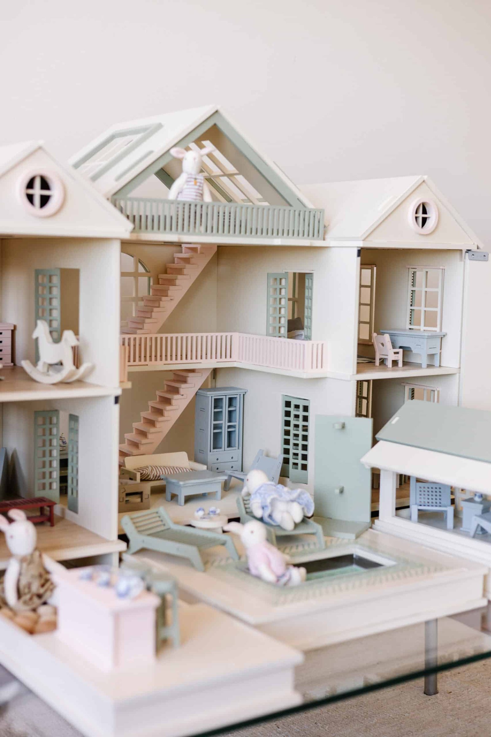 Luxury Wooden Dollhouse with Handcrafted Miniatures – Little Forest Animals Handcrafted wooden dollhouse with miniature furniture and details, displayed in a minimal setting.