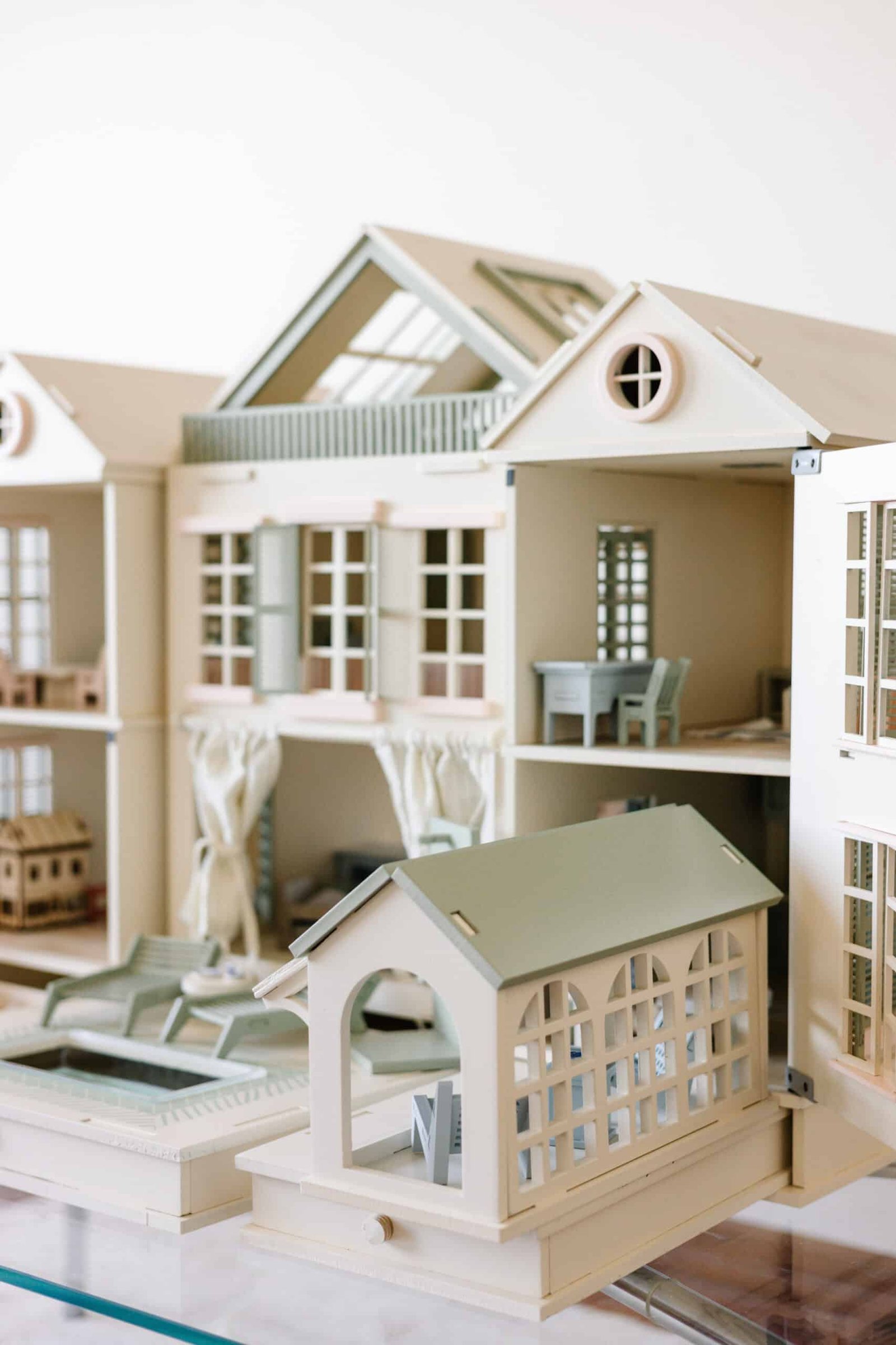 Luxury Wooden Dollhouse with Handcrafted Miniatures – Little Forest Animals Handcrafted wooden dollhouse with miniature furniture and details, displayed in a minimal setting.